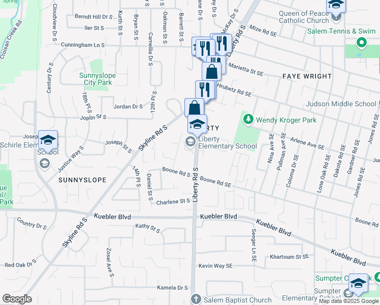 map of restaurants, bars, coffee shops, grocery stores, and more near 4958 Liberty Road South in Salem