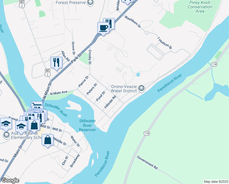 map of restaurants, bars, coffee shops, grocery stores, and more near 66 Hillside Road in Orono