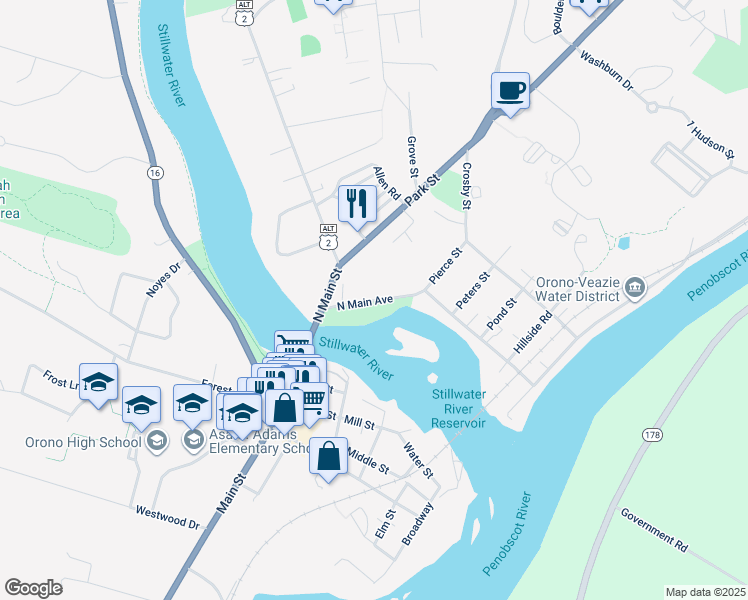 map of restaurants, bars, coffee shops, grocery stores, and more near 51 North Main Avenue in Orono