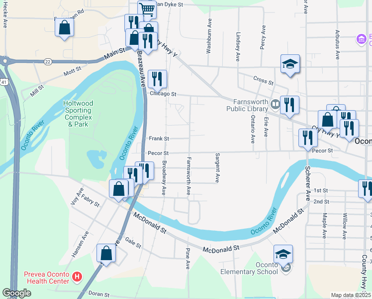 map of restaurants, bars, coffee shops, grocery stores, and more near 339 Center Street in Oconto