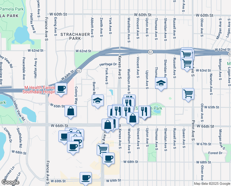map of restaurants, bars, coffee shops, grocery stores, and more near 6428 Xerxes Avenue South in Edina