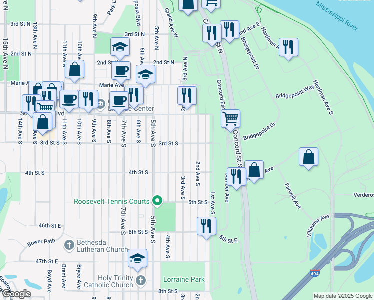 map of restaurants, bars, coffee shops, grocery stores, and more near 336 3rd Avenue South in South Saint Paul