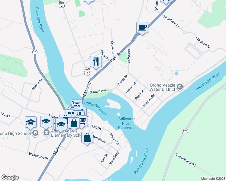 map of restaurants, bars, coffee shops, grocery stores, and more near 51 North Main Avenue in Orono