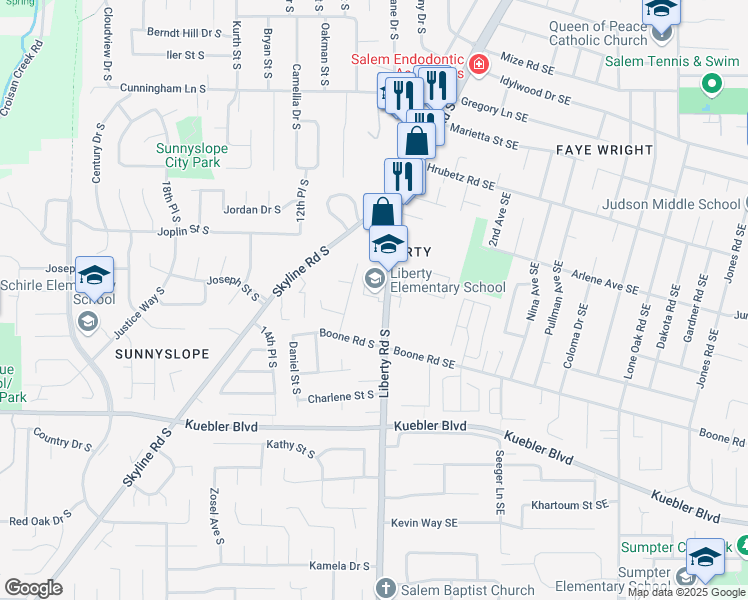 map of restaurants, bars, coffee shops, grocery stores, and more near 4871 Liberty Road South in Salem