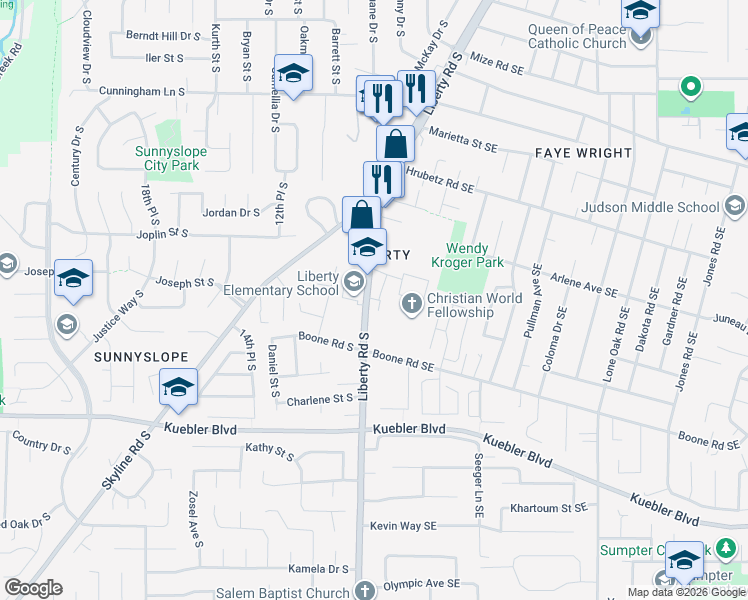 map of restaurants, bars, coffee shops, grocery stores, and more near 4808 Liberty Road South in Salem