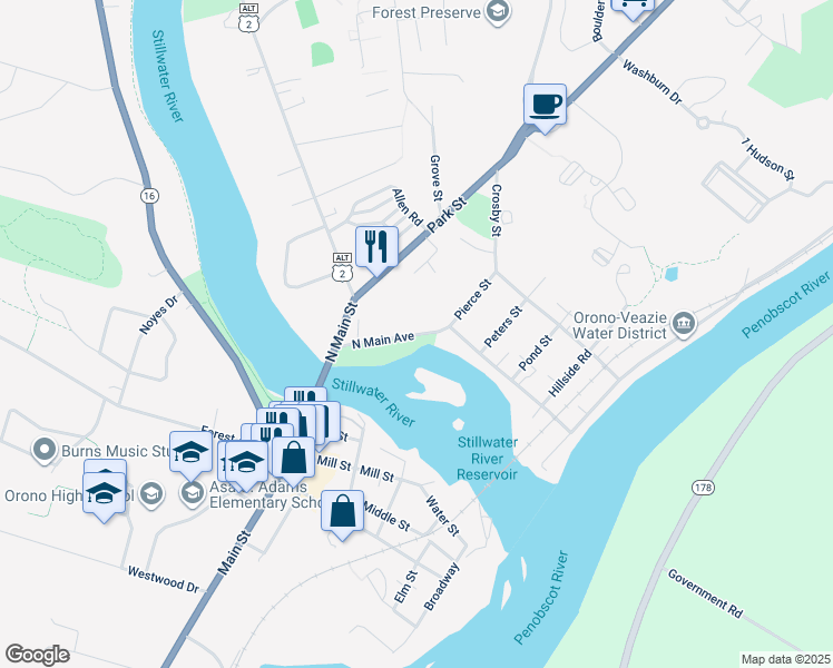 map of restaurants, bars, coffee shops, grocery stores, and more near 46 North Main Avenue in Orono