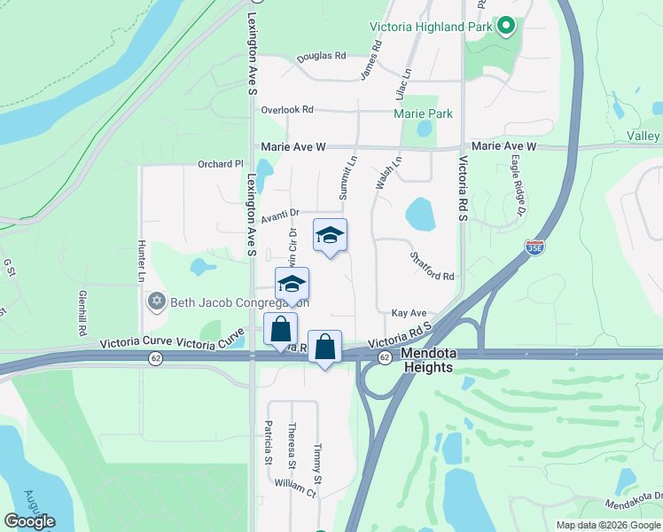 map of restaurants, bars, coffee shops, grocery stores, and more near 1979 Summit Lane in Mendota Heights