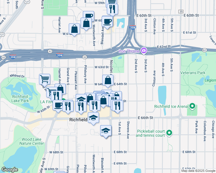 map of restaurants, bars, coffee shops, grocery stores, and more near 6337 Blaisdell Avenue in Richfield