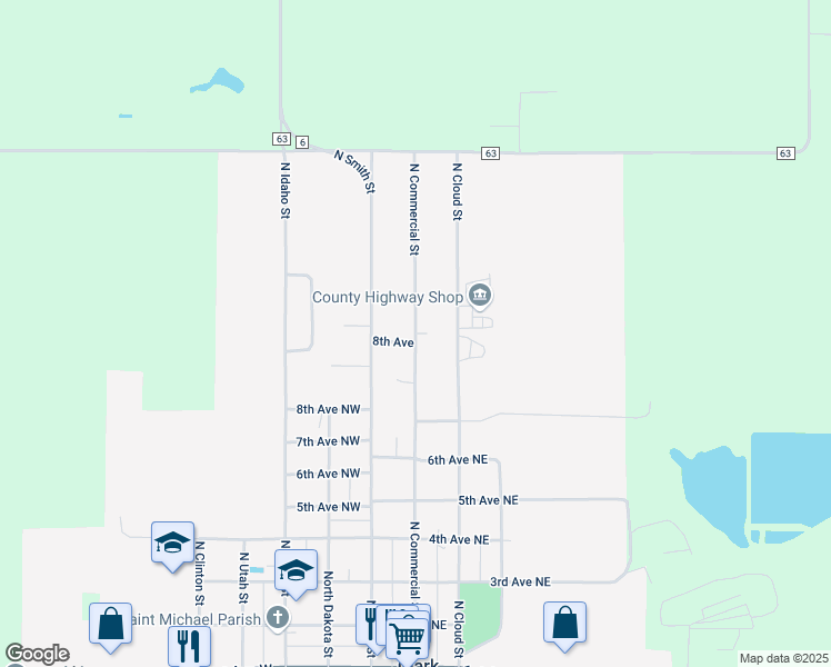 map of restaurants, bars, coffee shops, grocery stores, and more near 726 North Commercial Street in Clark