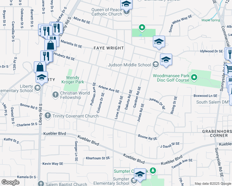 map of restaurants, bars, coffee shops, grocery stores, and more near 4777 Fir Dell Drive Southeast in Salem
