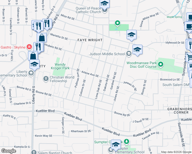 map of restaurants, bars, coffee shops, grocery stores, and more near 4777 Fir Dell Drive Southeast in Salem