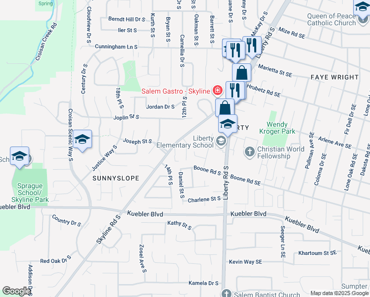 map of restaurants, bars, coffee shops, grocery stores, and more near 4788 Skyline Road South in Salem