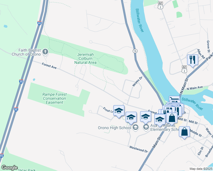 map of restaurants, bars, coffee shops, grocery stores, and more near 14 Haskell Street in Orono