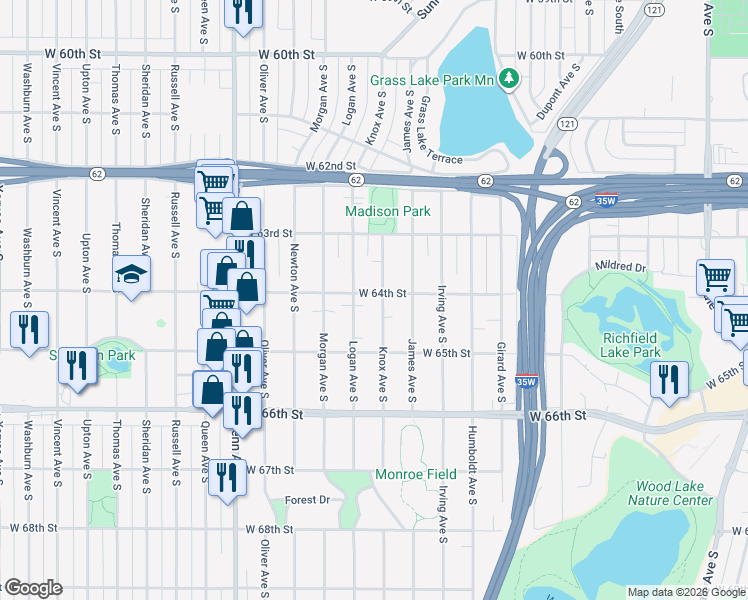 map of restaurants, bars, coffee shops, grocery stores, and more near 6341 Logan Avenue South in Minneapolis