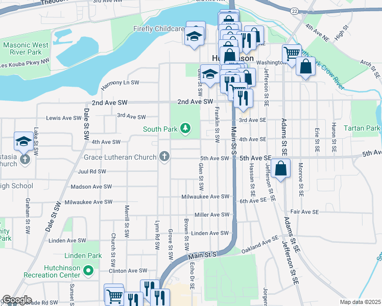 map of restaurants, bars, coffee shops, grocery stores, and more near 232 4th Avenue Southwest in Hutchinson