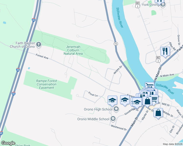 map of restaurants, bars, coffee shops, grocery stores, and more near 14 Haskell Street in Orono