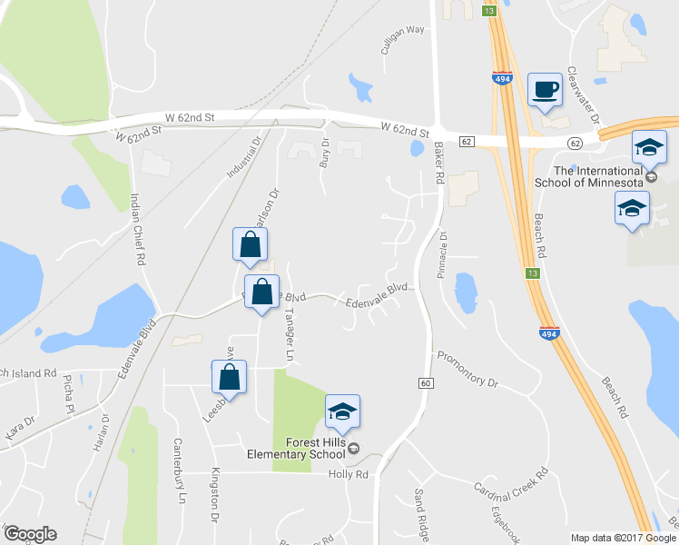 map of restaurants, bars, coffee shops, grocery stores, and more near 6381 Tanager Lane in Eden Prairie