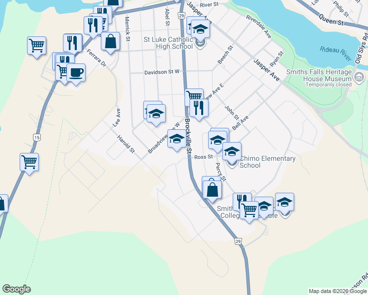 map of restaurants, bars, coffee shops, grocery stores, and more near 216 Brockville Street in Smiths Falls