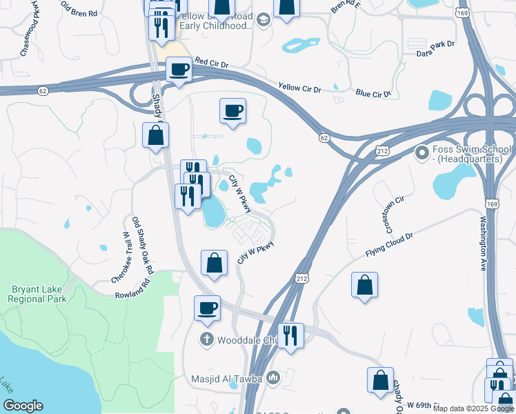 map of restaurants, bars, coffee shops, grocery stores, and more near 6426 City West Parkway in Eden Prairie