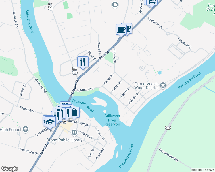 map of restaurants, bars, coffee shops, grocery stores, and more near 44 Pierce Street in Orono