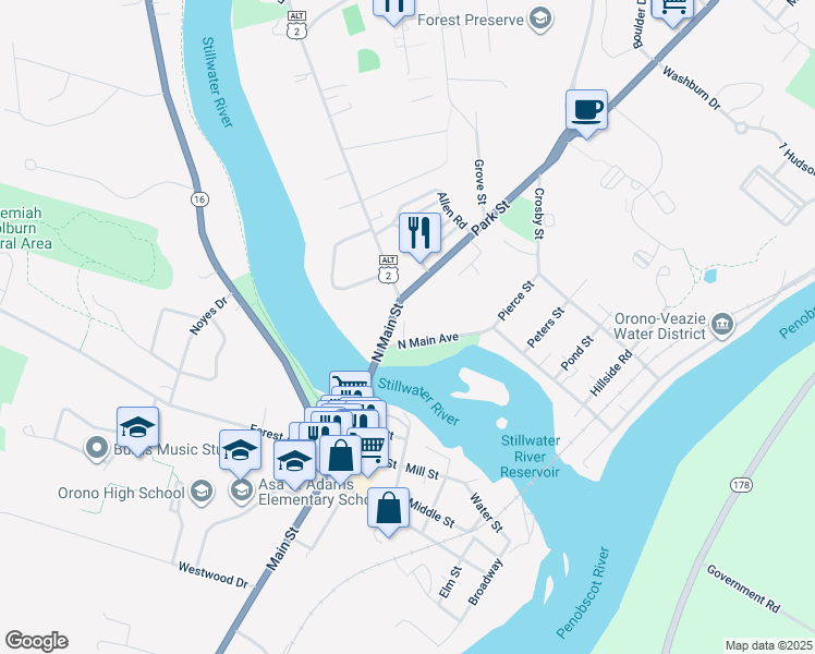 map of restaurants, bars, coffee shops, grocery stores, and more near 19 College Avenue in Orono
