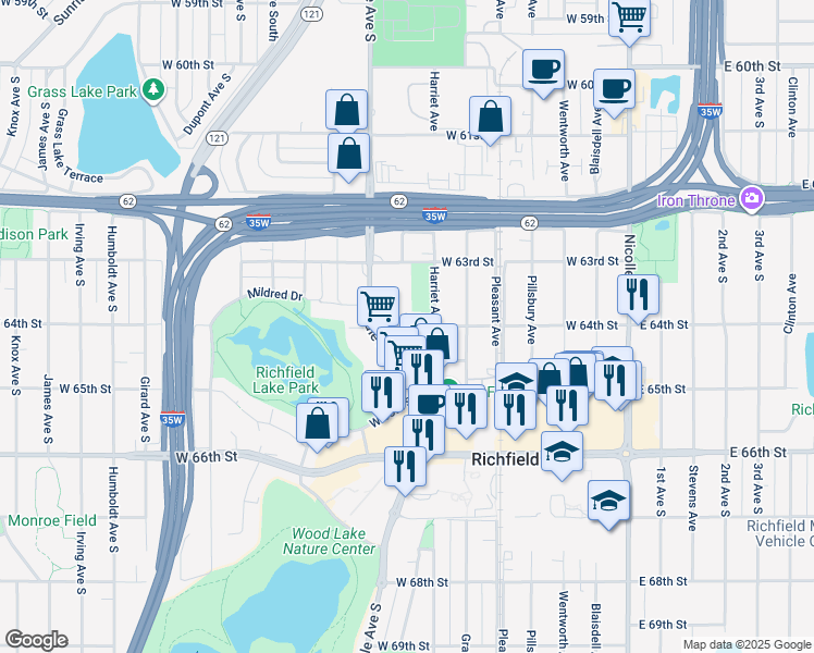 map of restaurants, bars, coffee shops, grocery stores, and more near 6334 Harriet Avenue in Minneapolis