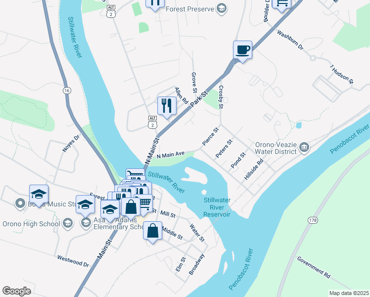 map of restaurants, bars, coffee shops, grocery stores, and more near 46 North Main Avenue in Orono