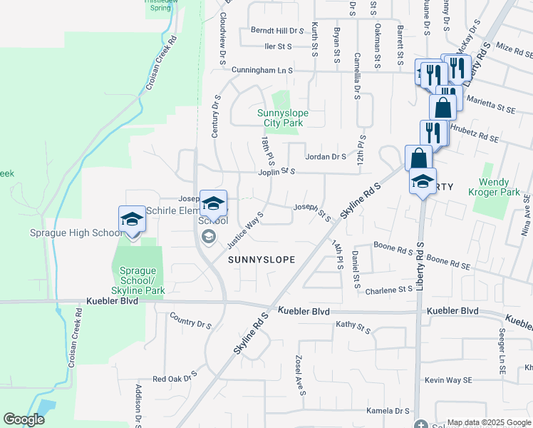 map of restaurants, bars, coffee shops, grocery stores, and more near 4810 Justice Way South in Salem