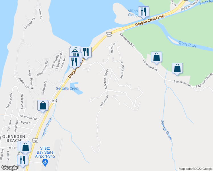map of restaurants, bars, coffee shops, grocery stores, and more near 477 Lookout Drive in Lincoln City