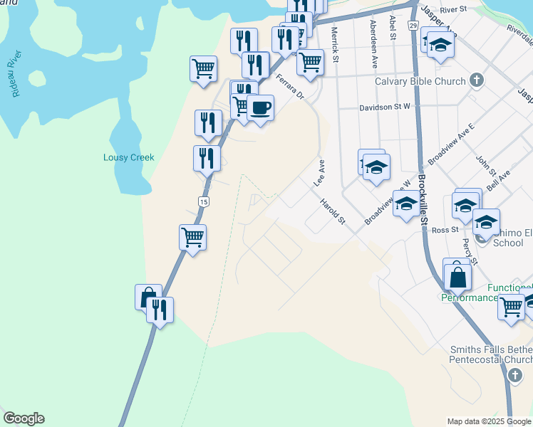 map of restaurants, bars, coffee shops, grocery stores, and more near 151 Ferrara Drive in Smiths Falls