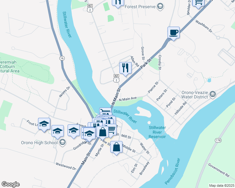 map of restaurants, bars, coffee shops, grocery stores, and more near 19 College Avenue in Orono