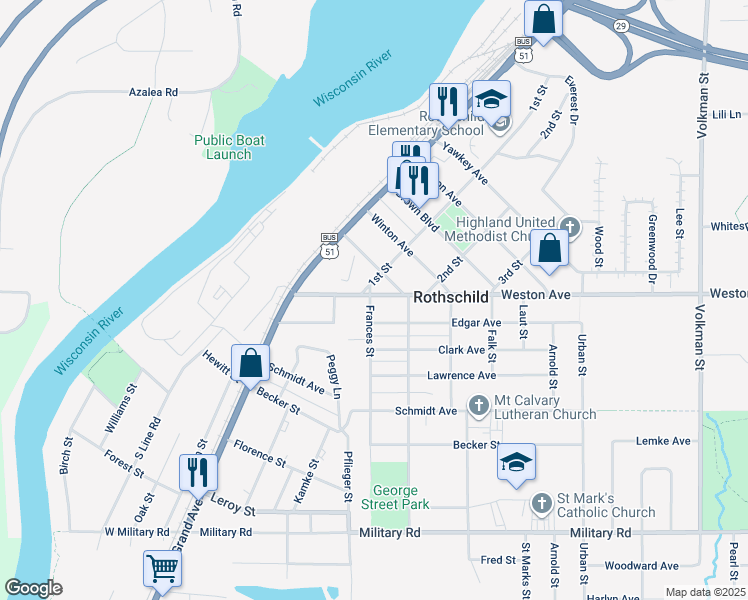 map of restaurants, bars, coffee shops, grocery stores, and more near 101 Alexander Avenue in Rothschild