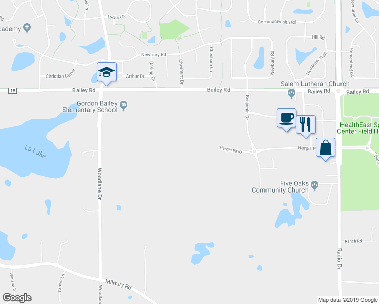 map of restaurants, bars, coffee shops, grocery stores, and more near 7435 Bailey Road in Woodbury