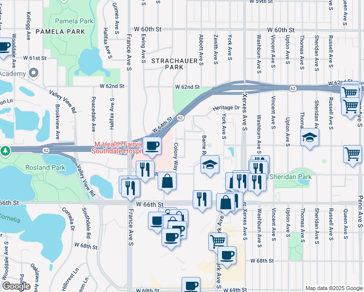 map of restaurants, bars, coffee shops, grocery stores, and more near 6315 Colony Way in Minneapolis