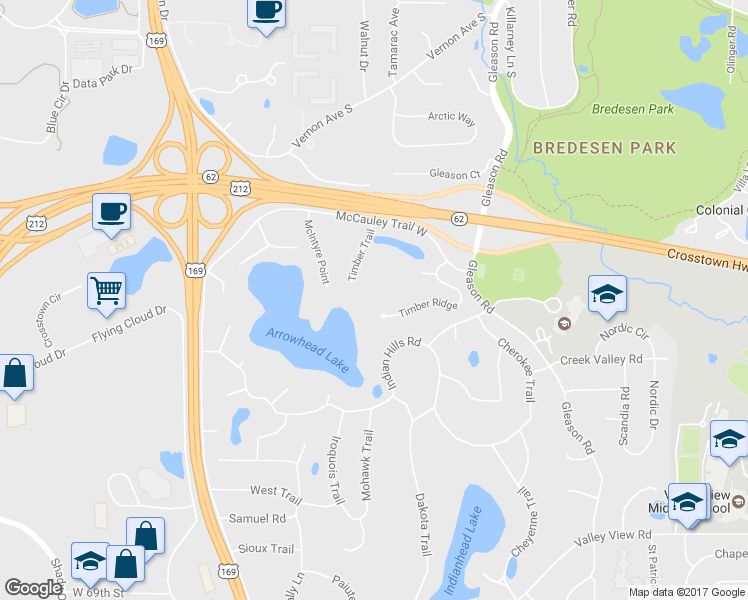 map of restaurants, bars, coffee shops, grocery stores, and more near 6432 Timber Ridge in Minneapolis