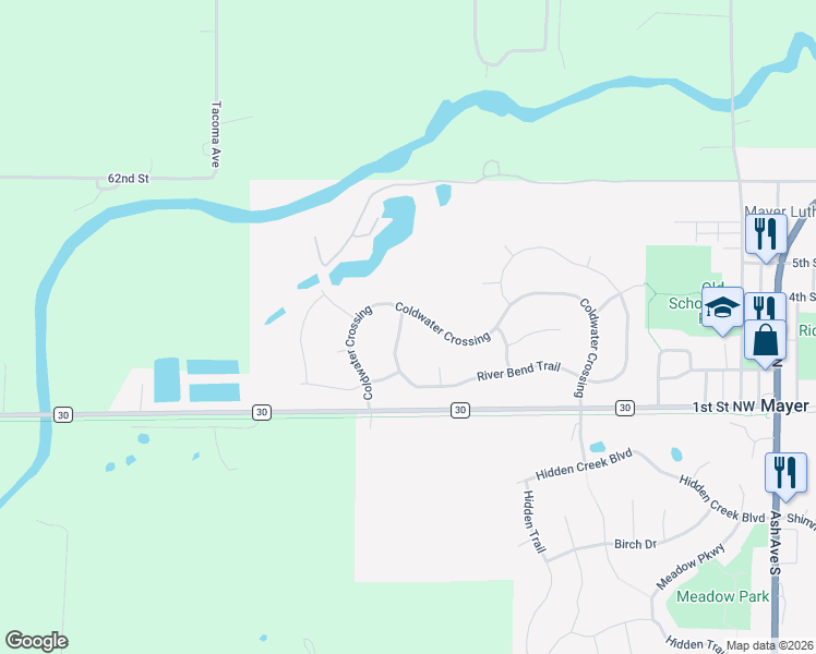 map of restaurants, bars, coffee shops, grocery stores, and more near 2533 River Bend Trail in Mayer