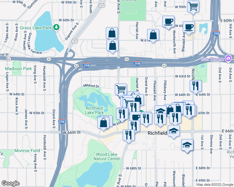 map of restaurants, bars, coffee shops, grocery stores, and more near 6324 Lyndale Avenue South in Richfield