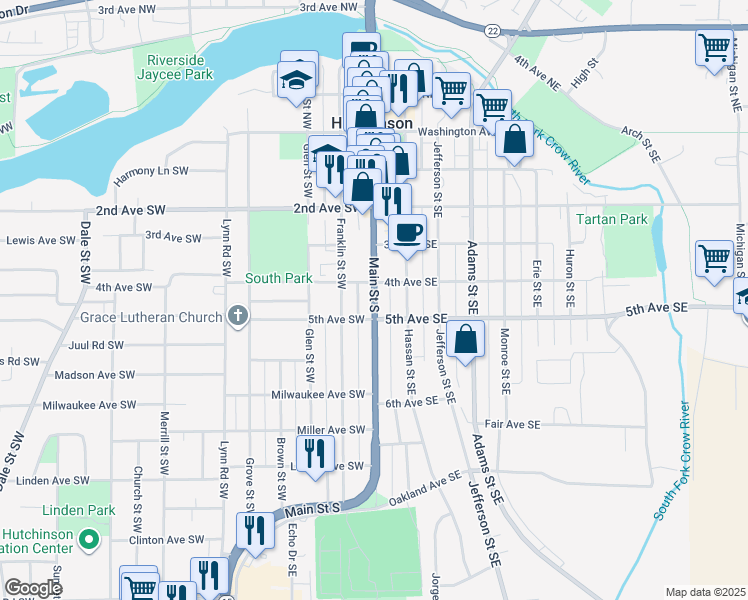 map of restaurants, bars, coffee shops, grocery stores, and more near 446 Main Street South in Hutchinson