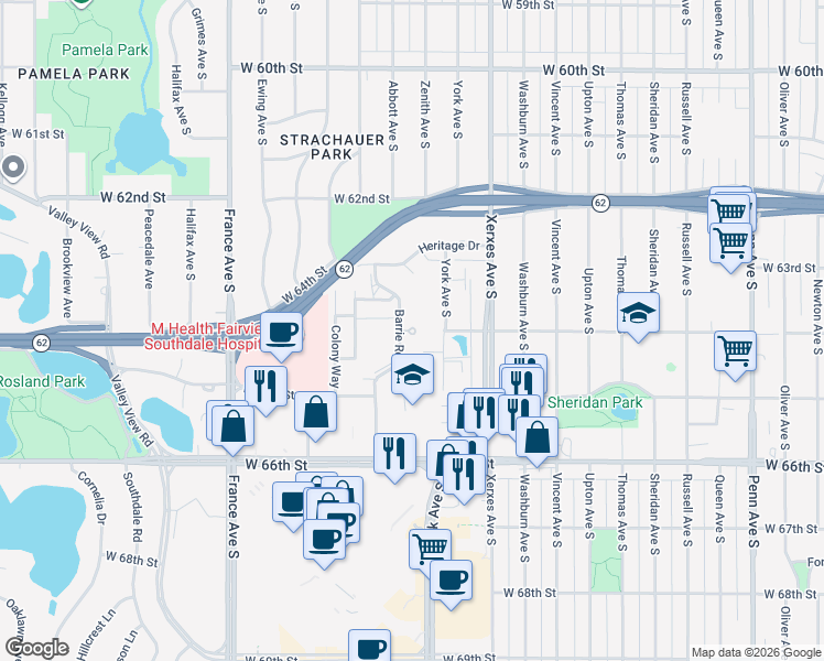 map of restaurants, bars, coffee shops, grocery stores, and more near 6312 Barrie Road in Minneapolis