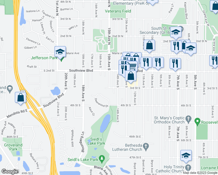 map of restaurants, bars, coffee shops, grocery stores, and more near 409 15th Avenue South in South Saint Paul
