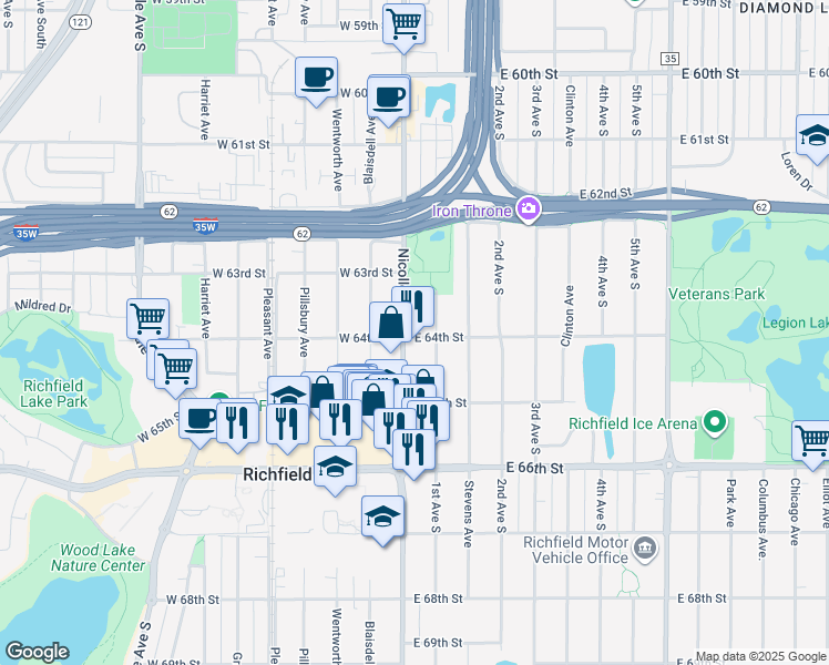 map of restaurants, bars, coffee shops, grocery stores, and more near 6337 Nicollet Avenue in Minneapolis