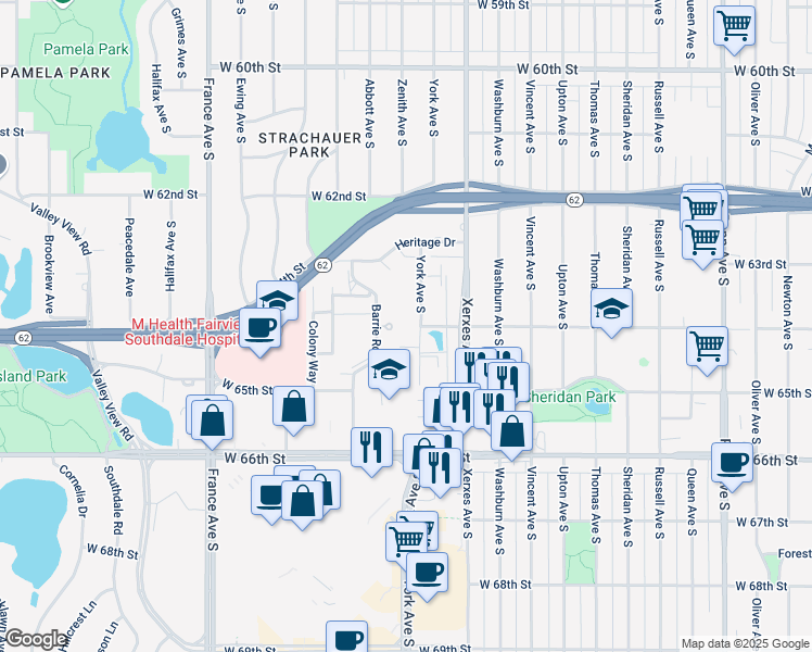 map of restaurants, bars, coffee shops, grocery stores, and more near 6400 York Avenue South in Minneapolis