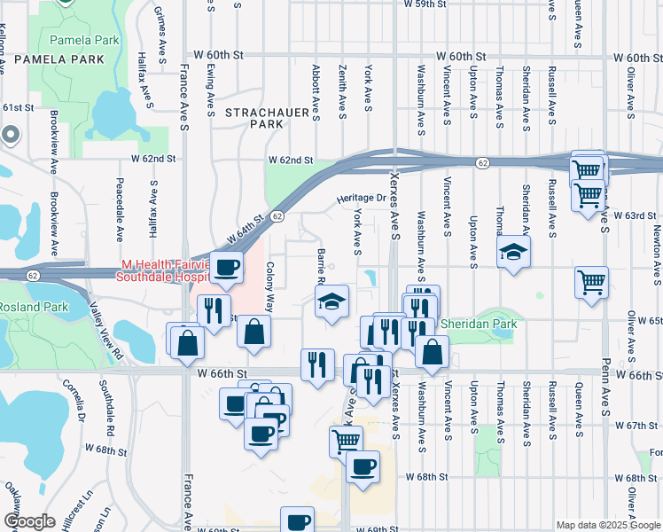 map of restaurants, bars, coffee shops, grocery stores, and more near 6312 Barrie Road in Minneapolis