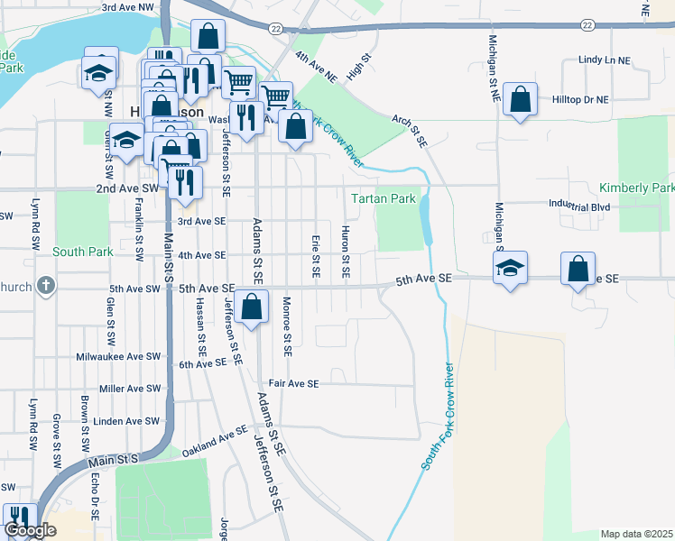 map of restaurants, bars, coffee shops, grocery stores, and more near 405 Huron Street Southeast in Hutchinson