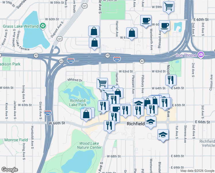 map of restaurants, bars, coffee shops, grocery stores, and more near 6334 Harriet Avenue in Minneapolis
