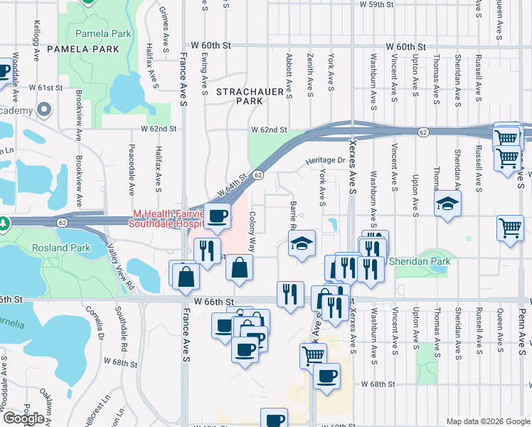 map of restaurants, bars, coffee shops, grocery stores, and more near 6301 Barrie Road in Minneapolis