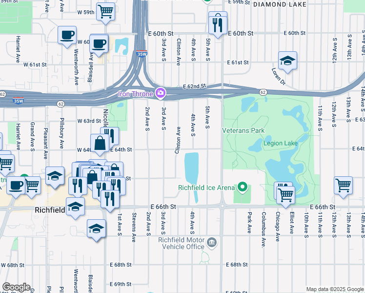 map of restaurants, bars, coffee shops, grocery stores, and more near 6339 Clinton Avenue in Minneapolis