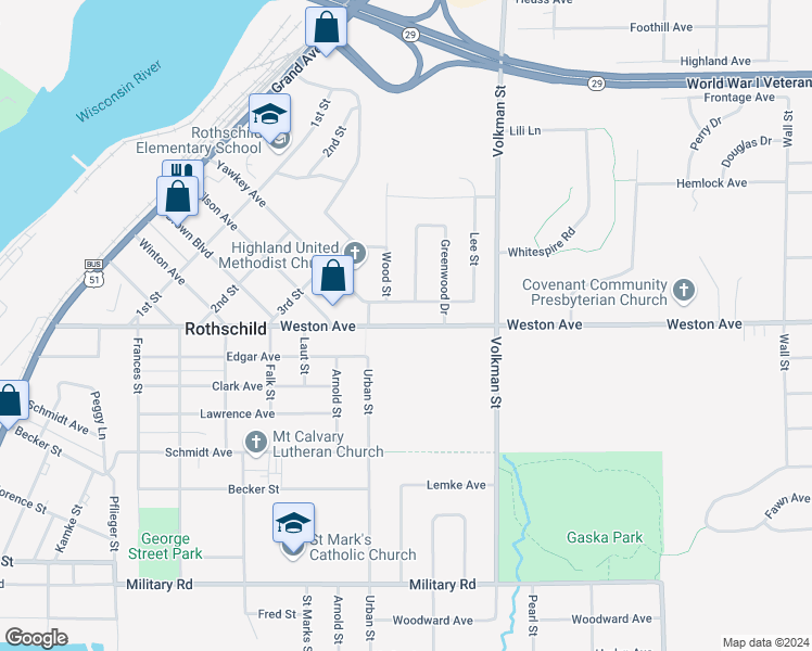 map of restaurants, bars, coffee shops, grocery stores, and more near 810 Weston Avenue in Rothschild