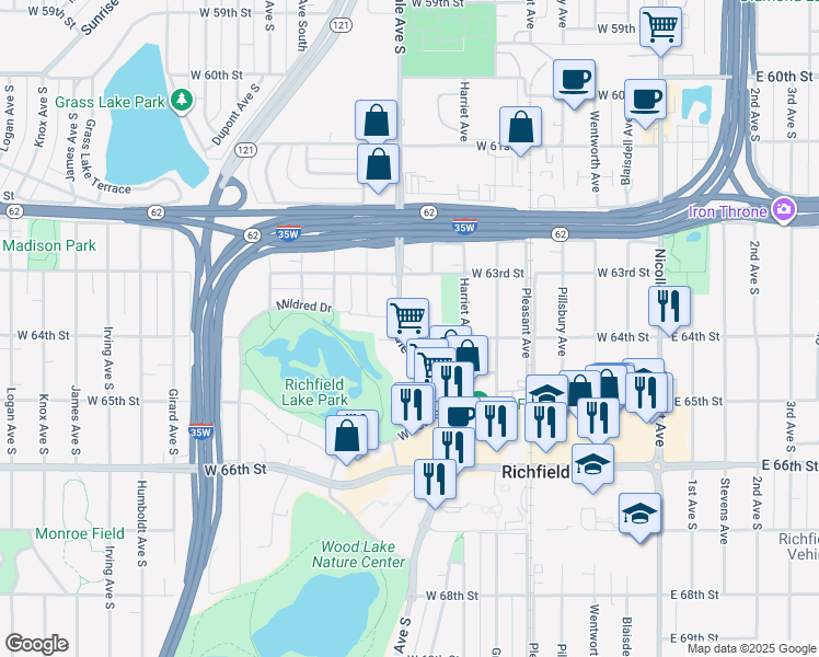 map of restaurants, bars, coffee shops, grocery stores, and more near 6345 Lyndale Avenue South in Minneapolis