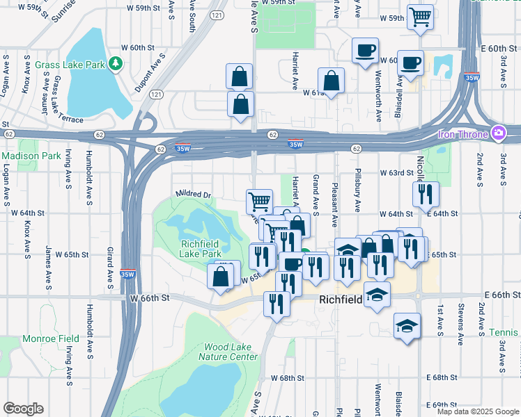 map of restaurants, bars, coffee shops, grocery stores, and more near 6345 Lyndale Avenue South in Minneapolis